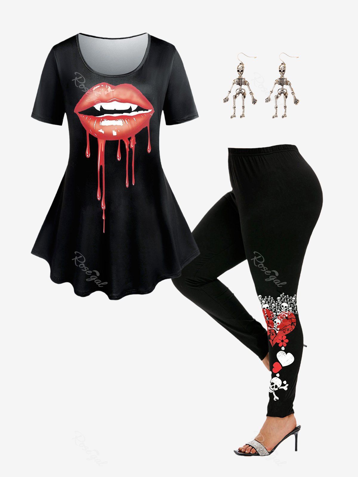 Ensemble T-shirt Gothique à Imprimé Lèvre et Legging à Squelette et Cœur à Taille Haute Grande Taille Noir 