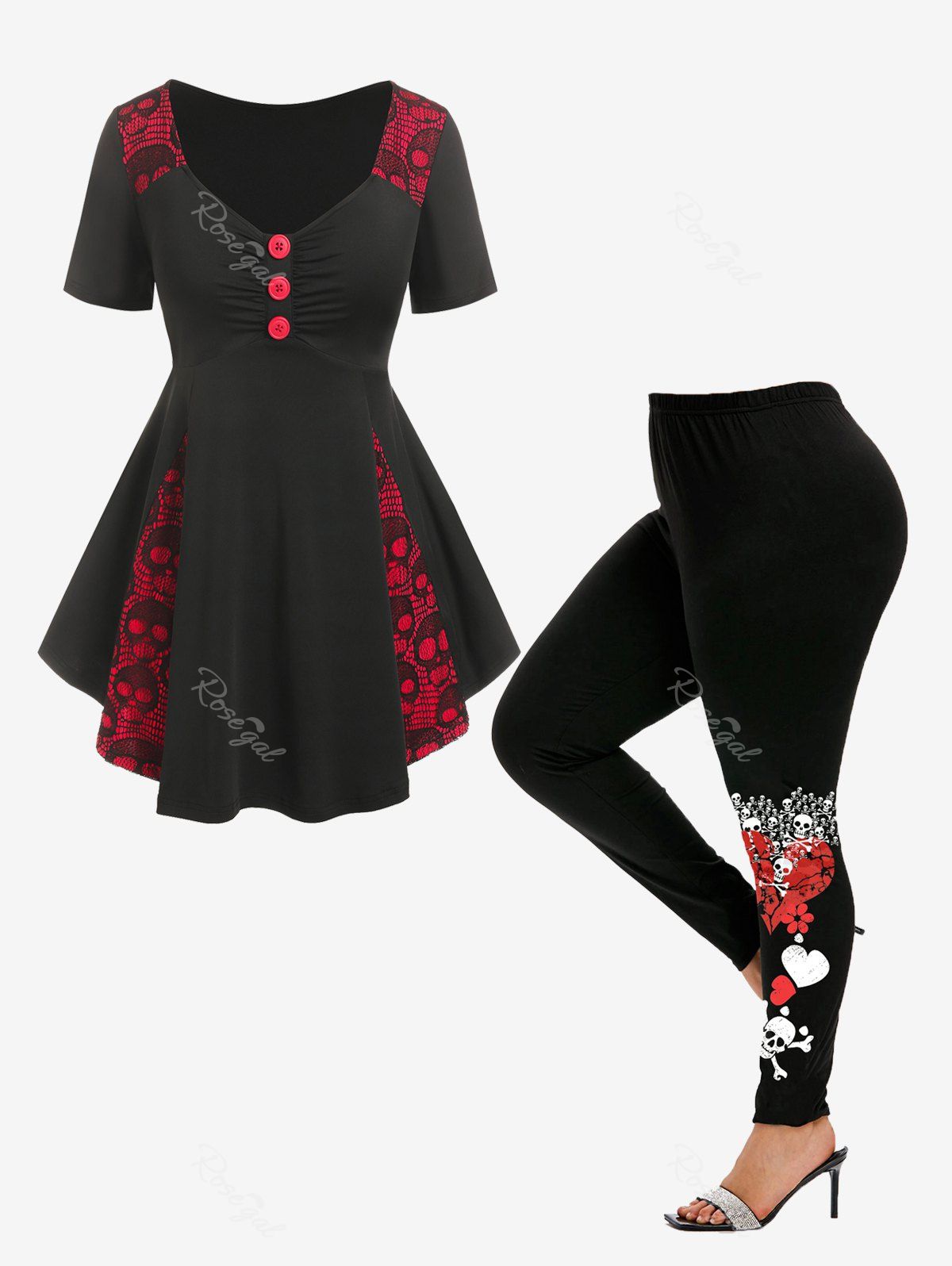 Cheap Gothic Ruched Skulls Pattern Lace Panel Tee and Leggings Plus Size Summer Outfit  