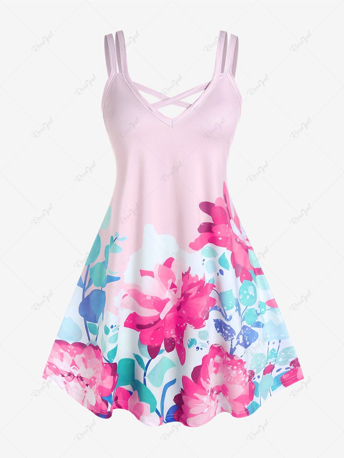 Chic Plus Size Flower Printed Crisscross A Line Sleeveless Dress  