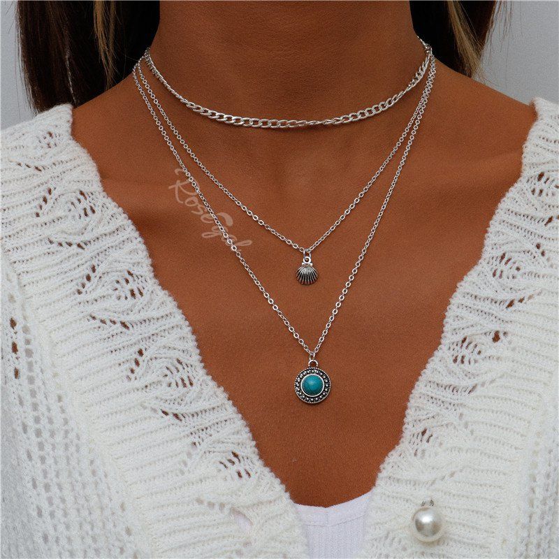Online Layered Faux Turquoise Shell Pattern Pendant Necklace  