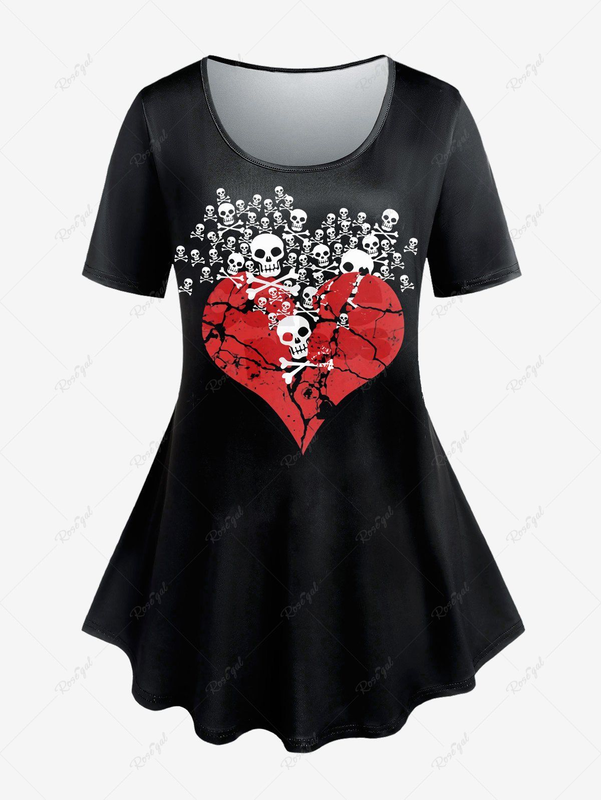 T-shirt Gothique Coeur Crâne Floral Grande Taille Noir 
