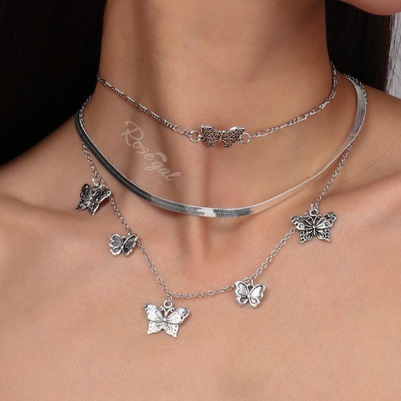 Buy 2Pcs Layered Butterfly Chain Pendant Choker Necklaces  