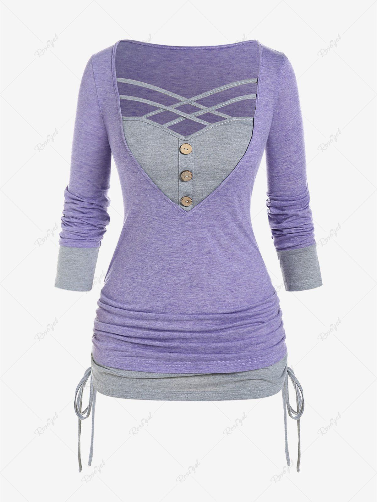 T-shirt Croisé en Blocs de Couleurs Grande Taille à Lacets Violet clair 4X | US 26-28