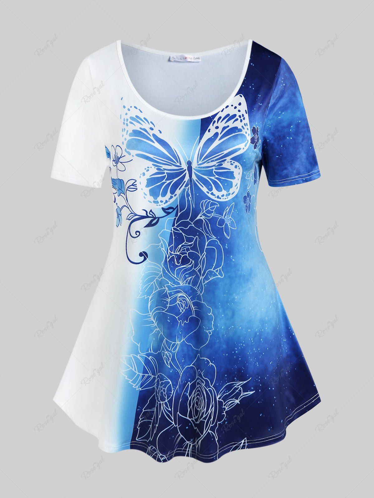 T-shirt à Imprimé Papillon Fleur en Blocs de Couleurs de Grande Taille Bleu 5x | US 30-32