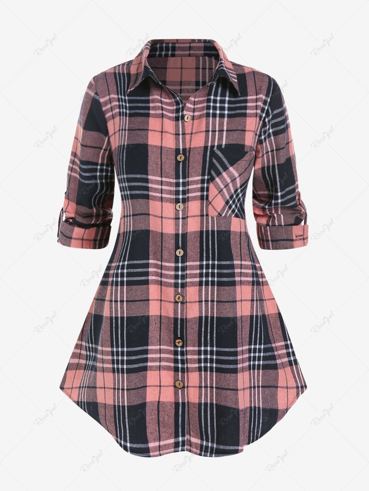 Fancy Plus Size Plaid Roll Tab Sleeves Shirt with Pocket  