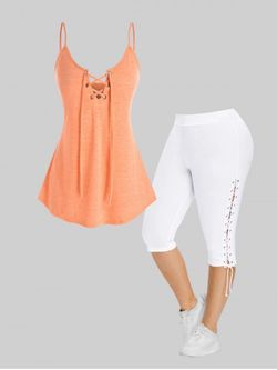 Lace Up Cami Tank Top and High Waisted Lace Up Side Capri Pants Plus Size Summer Outfit - ORANGE