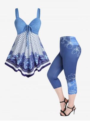 Paisley Print Cinched Empire Waist Top and Flower Capri Leggings Plus Size Summer Outfit