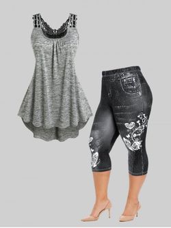 Lace Butterfly Space Dye High Low Tank Top and Butterfly 3D Jean Print Leggings Plus Size Summer Outfit - GRAY