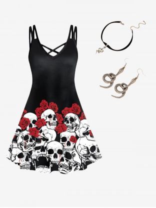 Plus Size Rose Skulls Printed A Line Dress With Snake Choker and Earrings Gothic Outfit