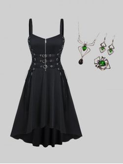 Lace Up Buckled High Low Midi Dress with Accessory Set Plus Size Gothic Outfit - BLACK