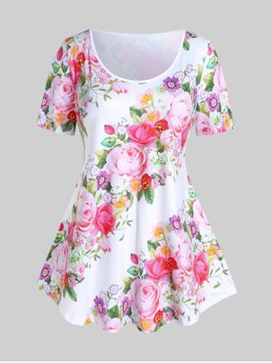 Plus Size Short Sleeve Floral Rose Print Tee