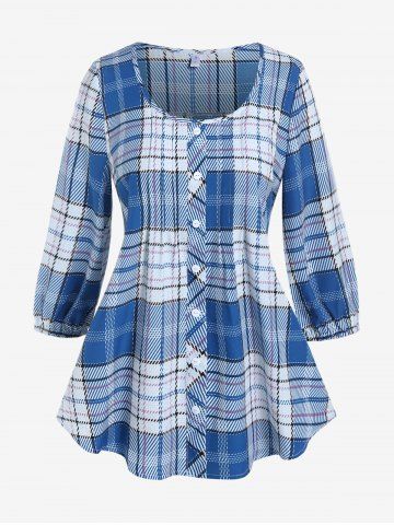 Plus Size Plaid Blouse - BLUE - M | US 10