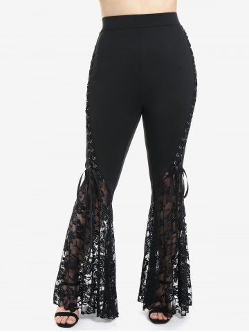 Plus Size Lace Panel Pull On Flare Pants with Lace-up