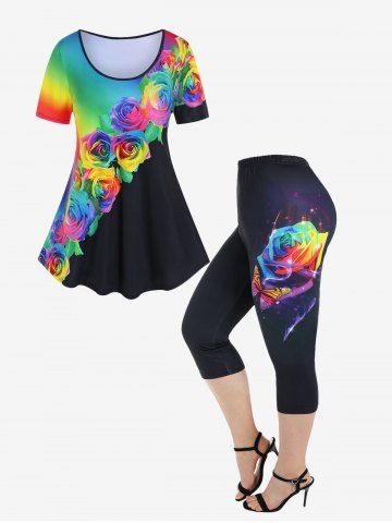Rose Print Rainbow Color Tee and Rainbow Rose Butterfly Print Capri Leggings Plus Size Summer Outfit - BLACK
