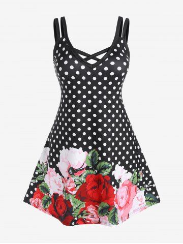 Plus Size Crisscross Floral Print Polka Dot Dress - BLACK - 4X | US 26-28