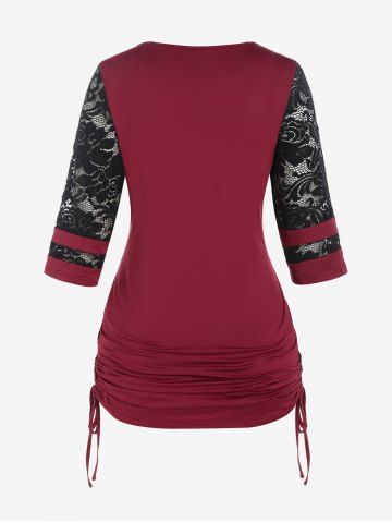Plus Size Lace-up Cinched Lace Panel Tee
