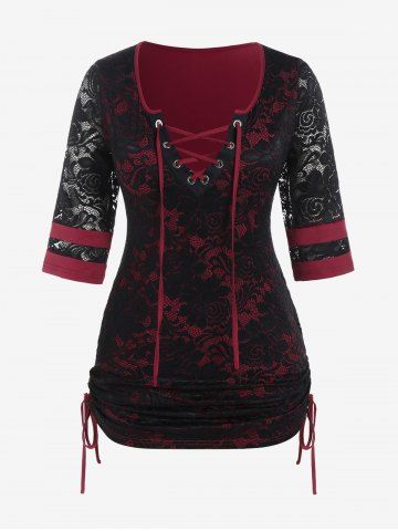 Plus Size Lace-up Cinched Lace Panel Tee
