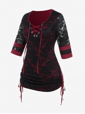 Plus Size Lace-up Cinched Lace Panel Tee