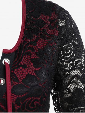 Plus Size Lace-up Cinched Lace Panel Tee