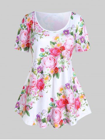 Plus Size Short Sleeve Floral Rose Print Tee - WHITE - 2X | US 18-20