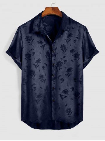 Jacquard Silky Short Sleeve Shirt - DEEP BLUE - L