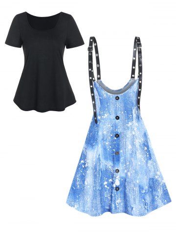 Basic Short Sleeve Tee And Splatter Painting Denim Buckle Strap Dress Set - BLUE - M