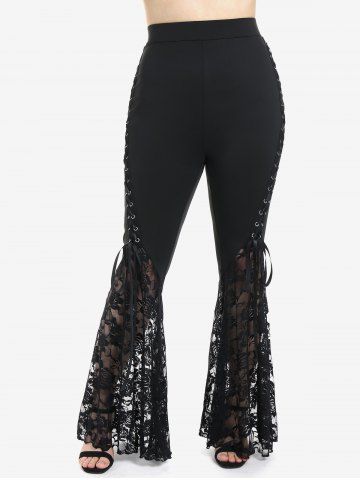 Plus Size Lace Panel Pull On Flare Pants with Lace-up - BLACK - 2X | US 18-20