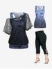 Gothic Skew Neck Skull Lace Tee and Tank Top Set and Capri Leggings Plus Size Summer Outfit -  