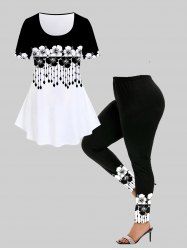 Flower Printed Tee and Flower Printed Skinny Leggings Plus Size Summer Outfit -  