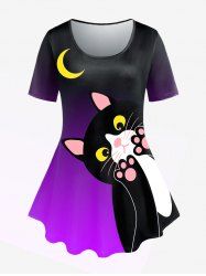 Plus Size Cartoon Cat Moon Printed Ombre Tee -  