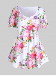 Plus Size Short Sleeve Floral Rose Print Tee -  