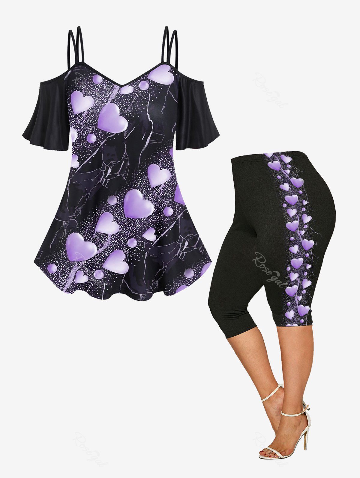 Unique Heart Printed Cold Shoulder T Shirt and Leggings Matching Set Plus Size Summer Outfit  