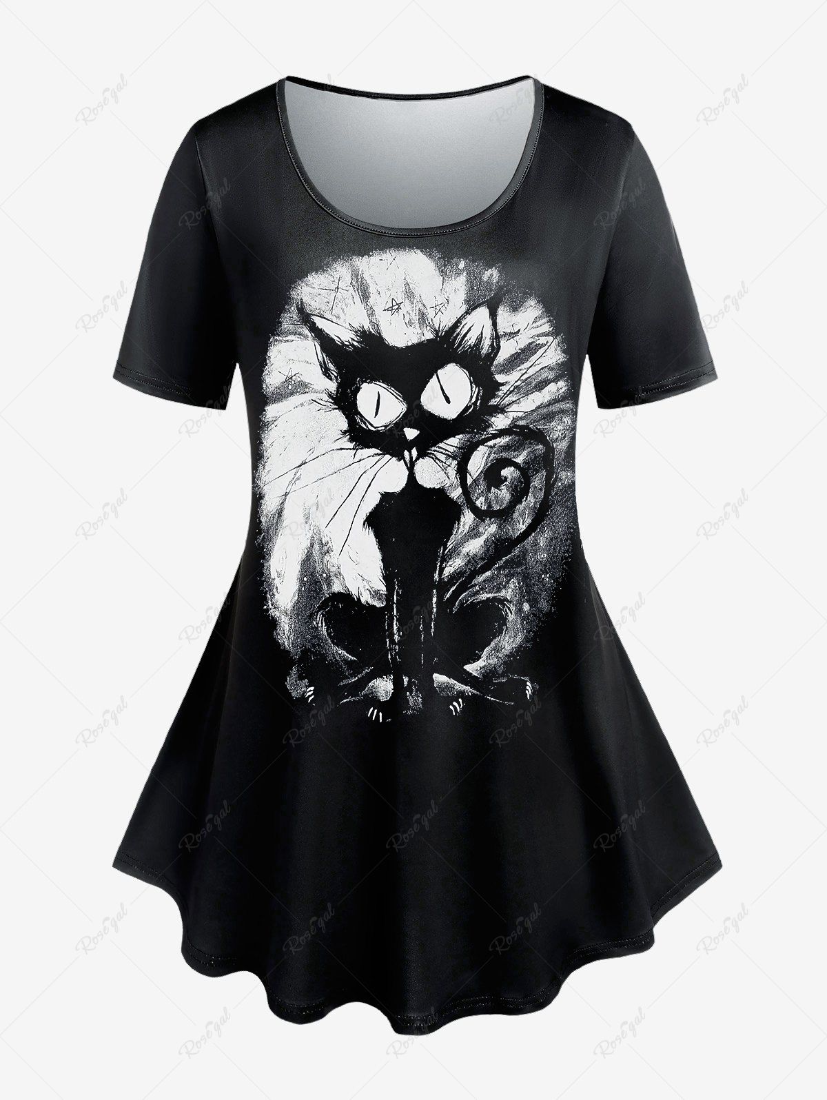 T-shirt Gothique à Imprimé Chat de Grande Taille Noir 2X | US 18-20