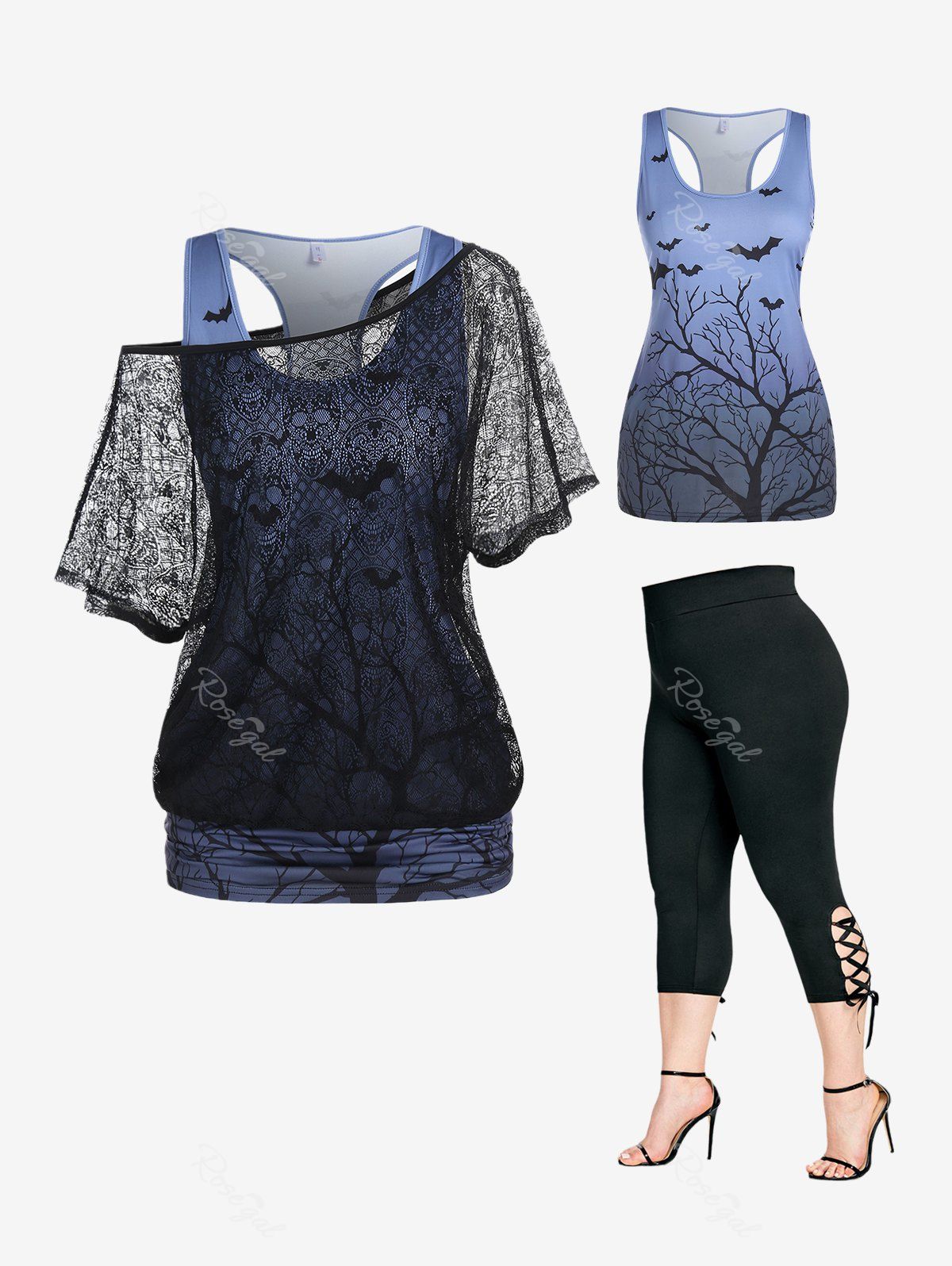 Shop Gothic Skew Neck Skull Lace Tee and Tank Top Set and Capri Leggings Plus Size Summer Outfit  