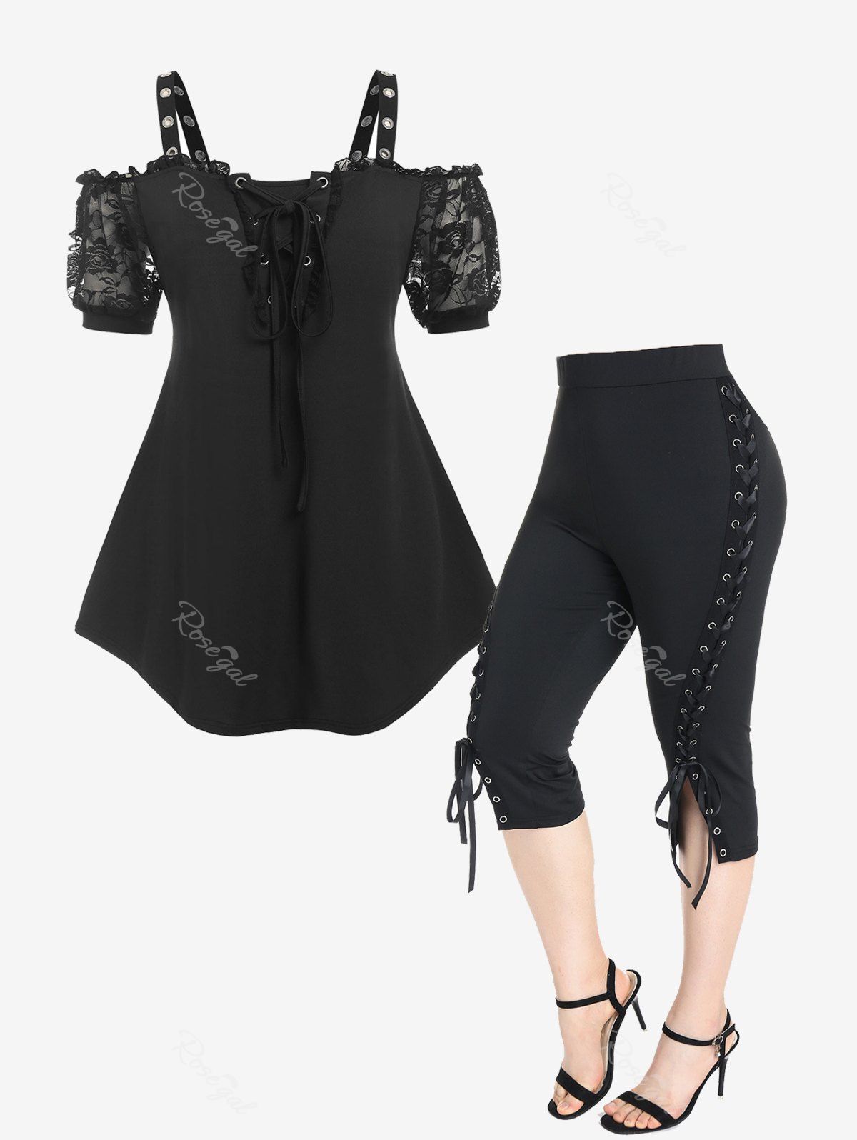 New Lace Insert Lace-up Cold Shoulder Ruffle Tee and Leggings Gothic Plus Size Outfit  