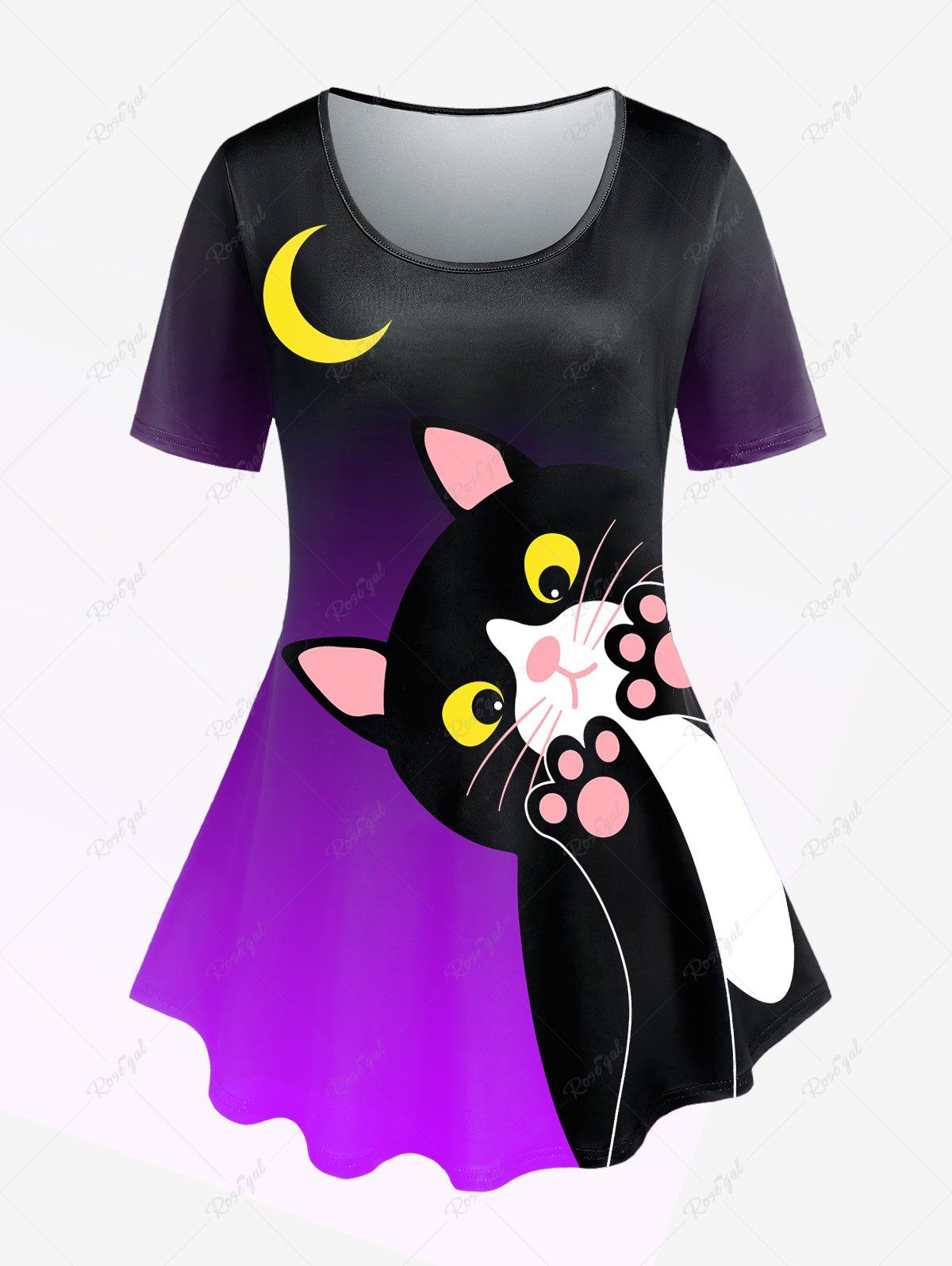 New Plus Size Cartoon Cat Moon Printed Ombre Tee  