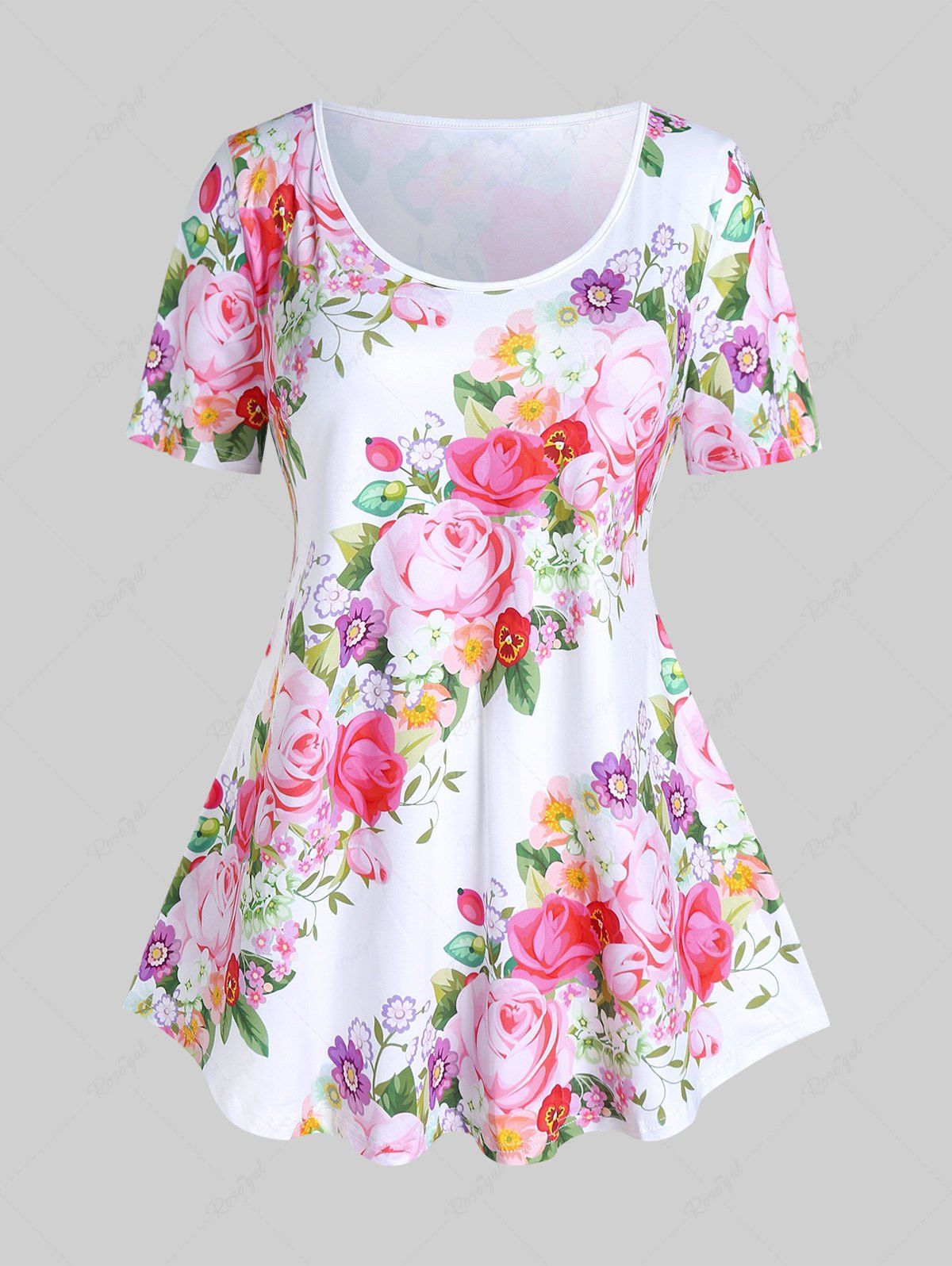 Best Plus Size Short Sleeve Floral Rose Print Tee  