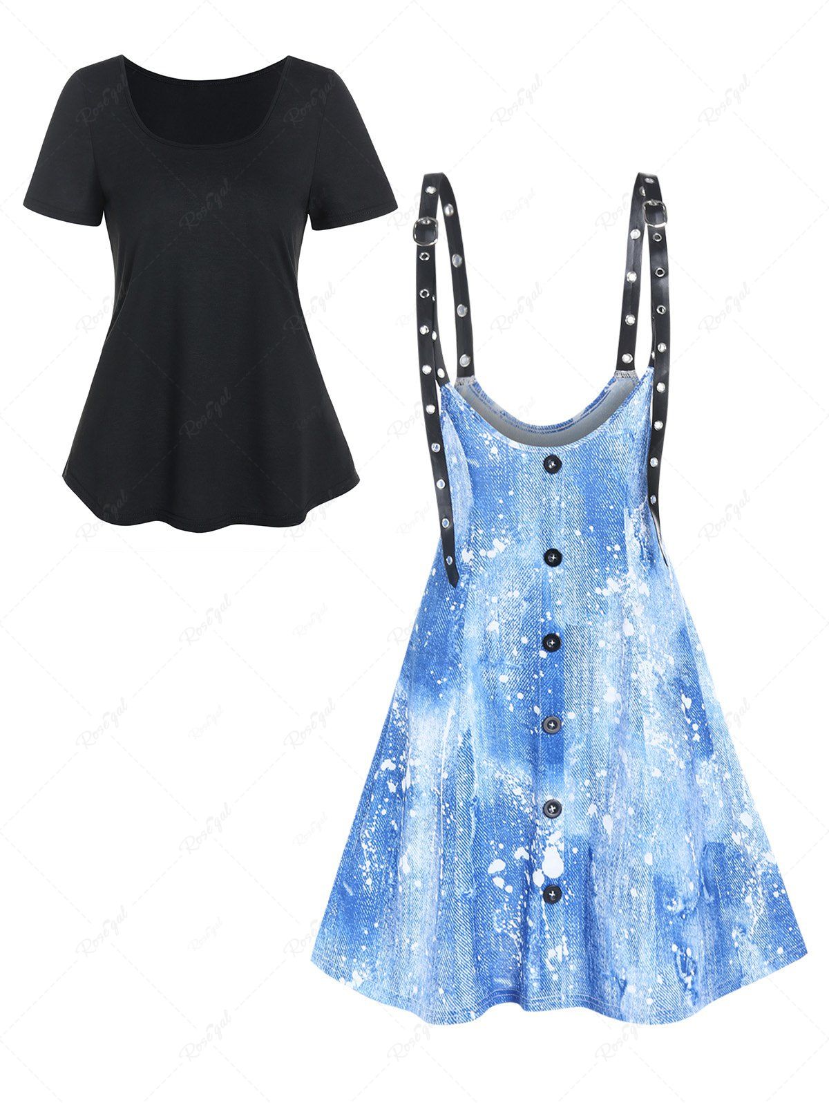 Best Basic Short Sleeve Tee And Splatter Painting Denim Buckle Strap Dress Set  