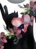 Plus Size Colorblock Flower Cat Print Tee -  