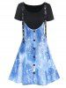 Basic Short Sleeve Tee And Splatter Painting Denim Buckle Strap Dress Set -  