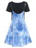 Basic Short Sleeve Tee And Splatter Painting Denim Buckle Strap Dress Set -  