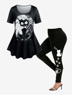 Gothic Cat Print Tee and High Waist Cat Paw Print Leggings Plus Size Summer Outfit - BLACK