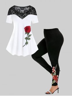 Lace Panel Rose Applique Colorblock Tee and High Waist Floral Print Leggings Plus Size Summer Outfit - WHITE