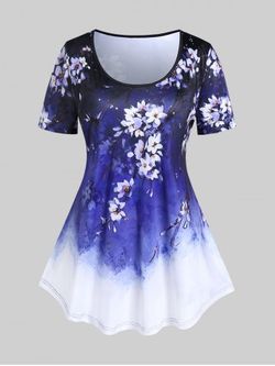 Plus Size Short Sleeve Floral Print Tee - BLUE - 2X | US 18-20