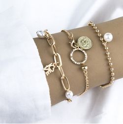 3Pcs Y2K Style LOVE Pearl Chain Pendent Bracelets - GOLDEN