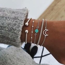 5Pcs Moon Faux Emerald Chain Bracelet Set - SILVER