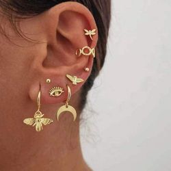8Pcs Moon Bee Alloy Cuff Earrings Set - GOLDEN