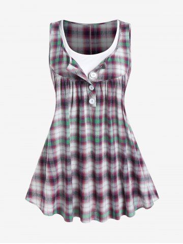 Plus Size Half Button Plaid 2 in 1 Tee