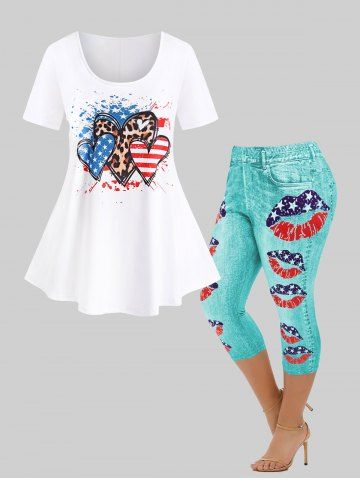 Patriotic American Flag Heart Tee and 3D Lip Printed Skinny Capri Jeggings Plus Size Outfit - GREEN