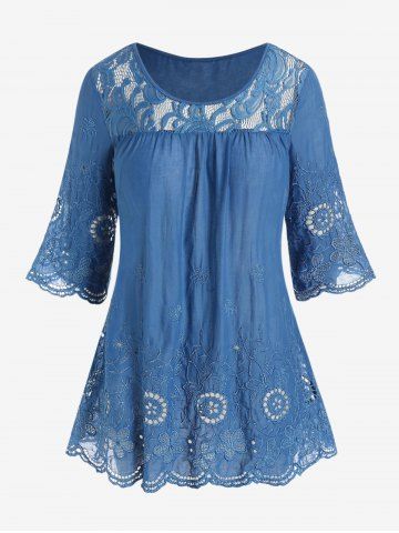 Plus Size Lace Panel Embroidered Scalloped Frilled T Shirt - BLUE - M | US 10